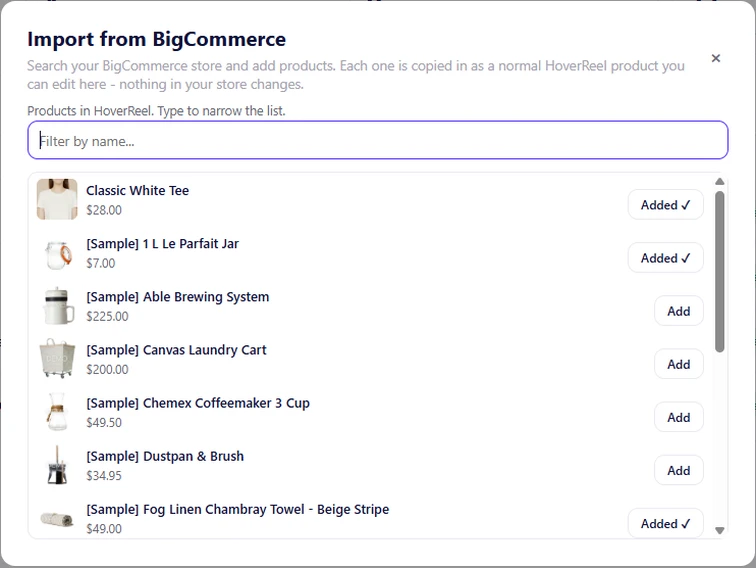 Import from BigCommerce product list