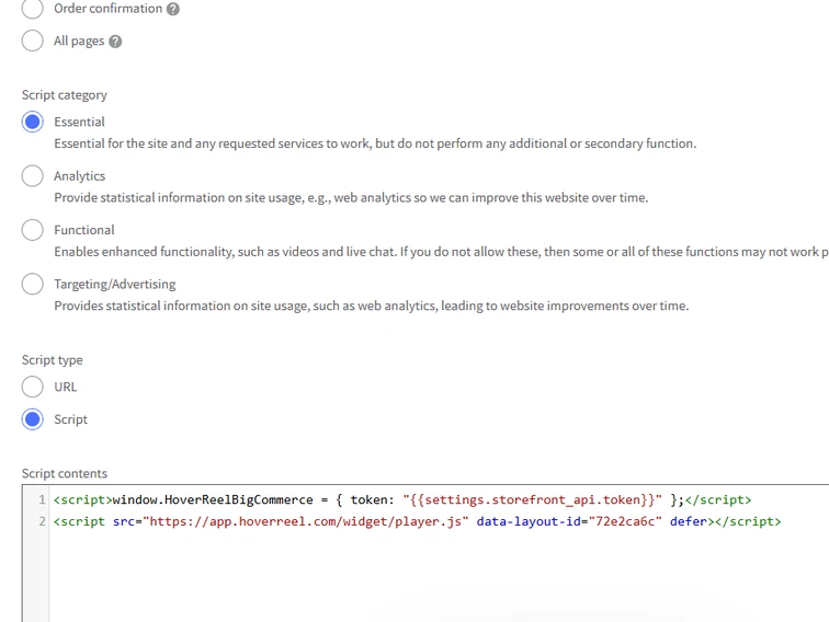 The HoverReel code in BigCommerce Script Manager