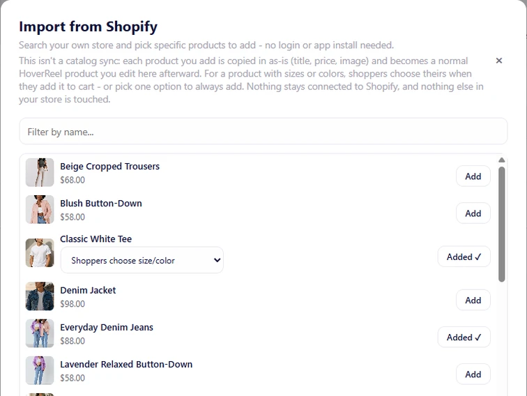 Import from Shopify product list