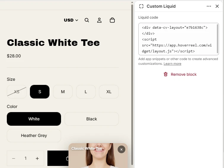 The HoverReel code in a Custom Liquid block in Shopify's theme editor