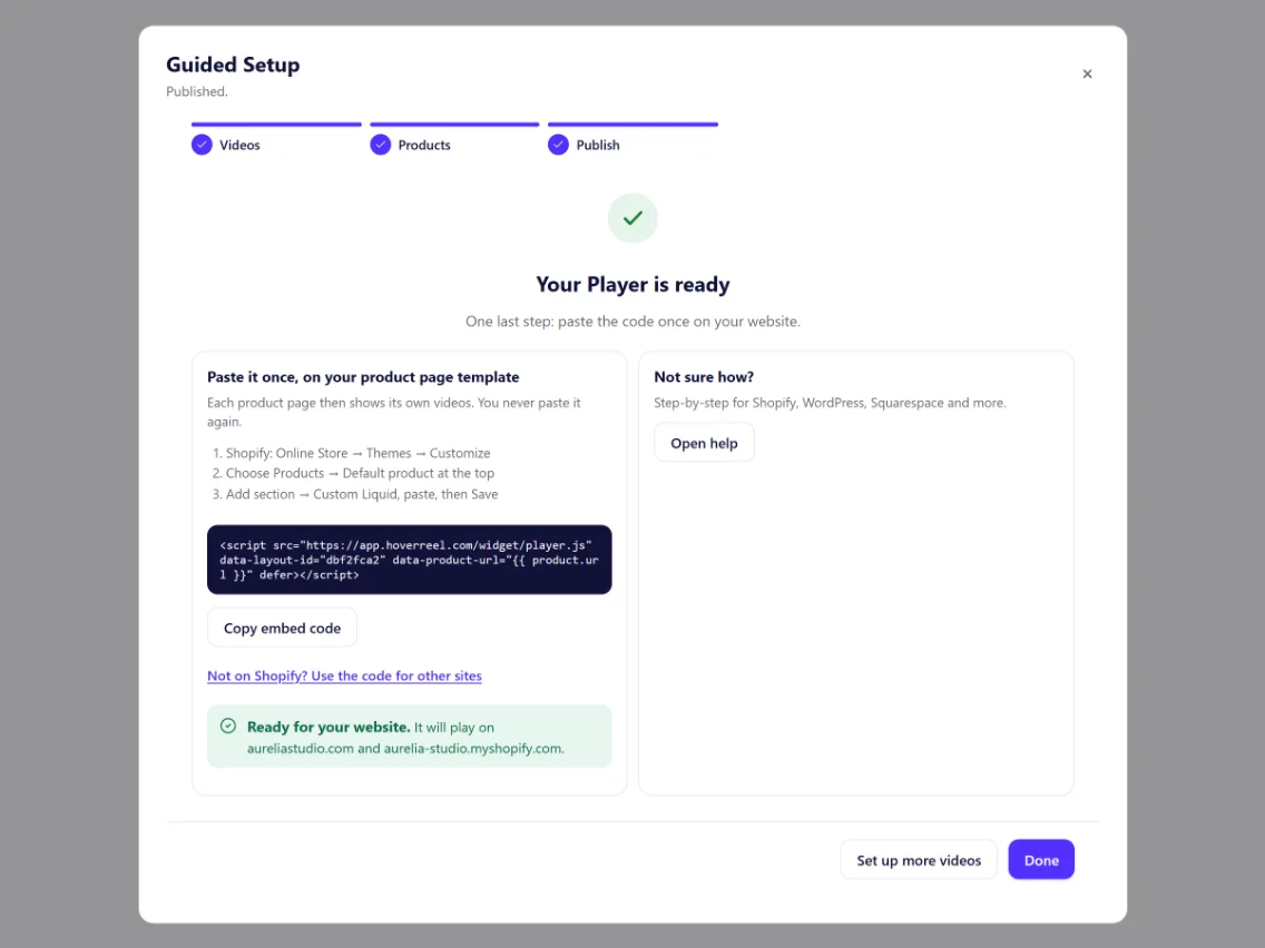 Guided Setup's last step: the embed code and where to paste it