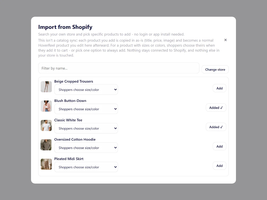 Import from Shopify: pick products from your store to add